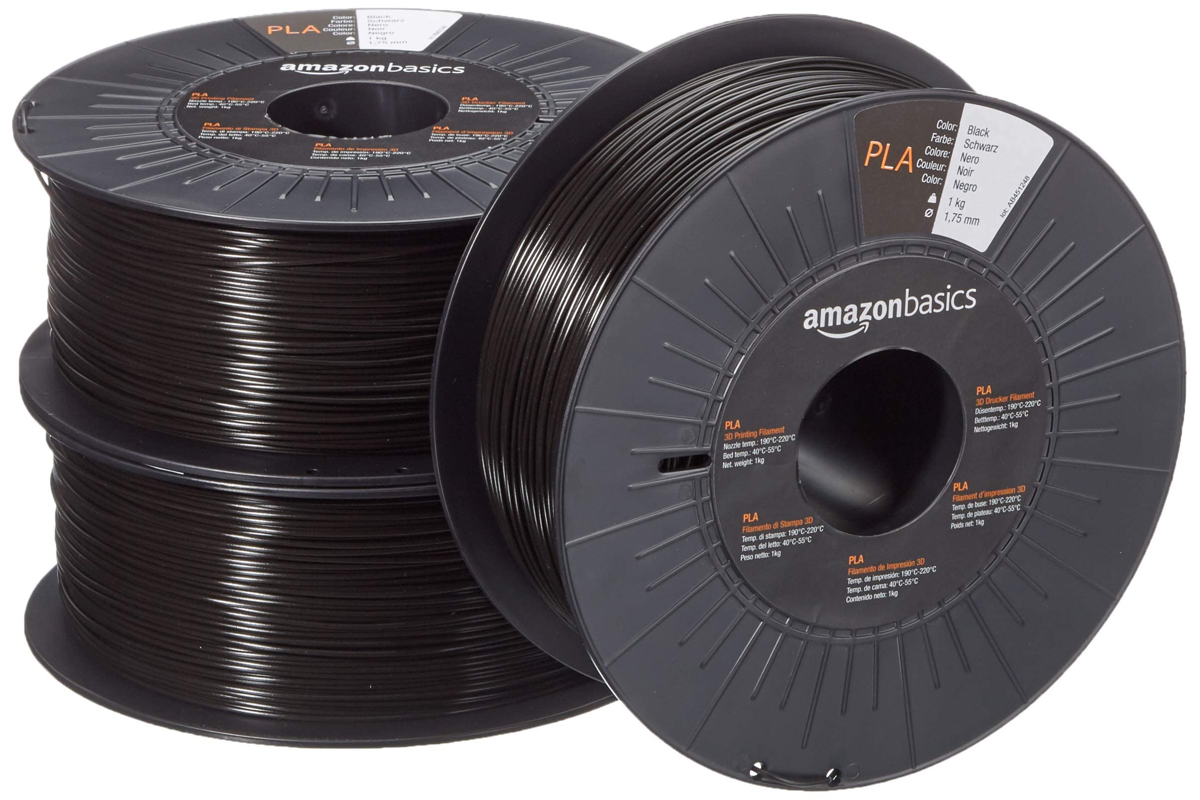 Amazon Basics PLA 3D Printer Filament, 1.75mm, Black, 1 kg per Spool, 3 Spools