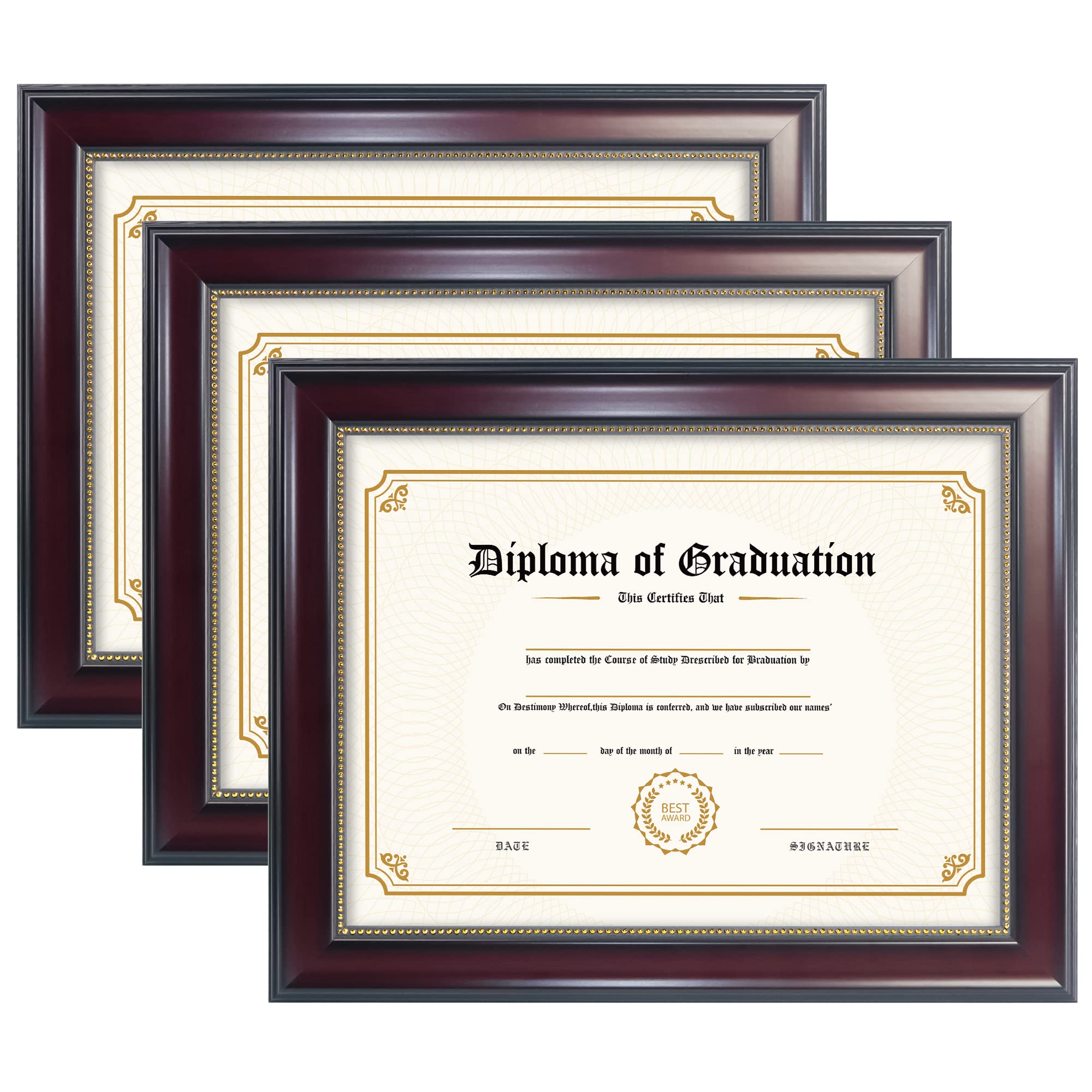 Photo 1 of GraduatePro 8.5x11 Diploma Frame, Picture Frame for Wall and Tabletop Display with UV Protection Acrylic, Professional Wooden Look, Mahogany with Gold Beaded, Pack of 3