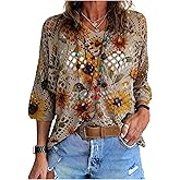 GORGLITTER Women's Floral Crochet Lightweight Sweater Boho V Neck 3/4 Short Sleeve Hollow Out Knitwear Tops