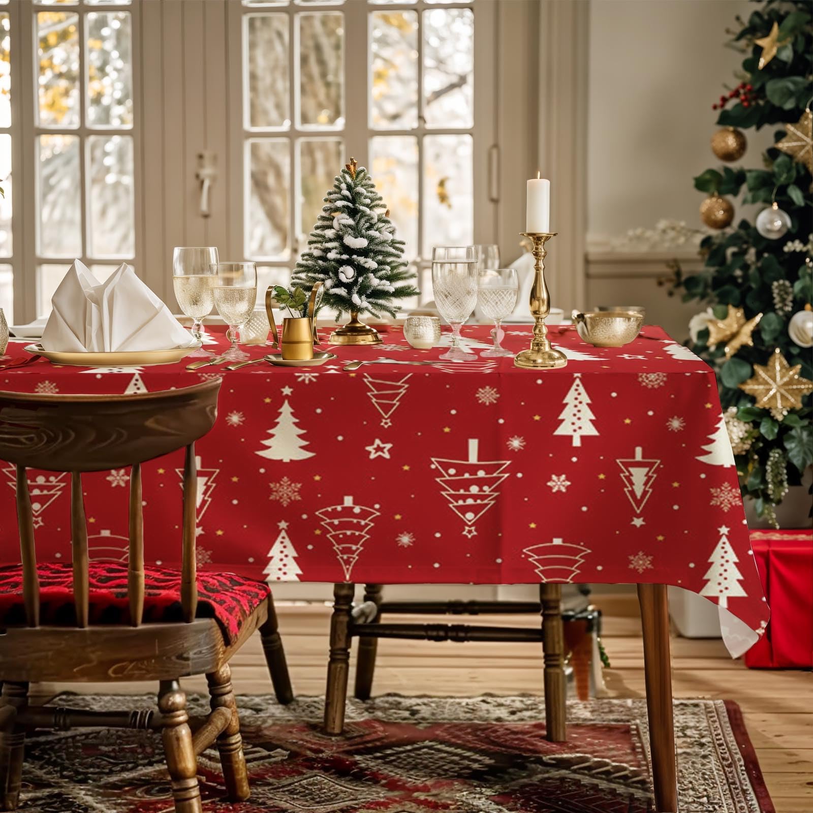 AIBIIN 142x259cm Christmas Tablecloth Xmas Tree and snowflakes Waterproof Table Cover Holidays Tablecloth for Festival Dinner Party — image 1