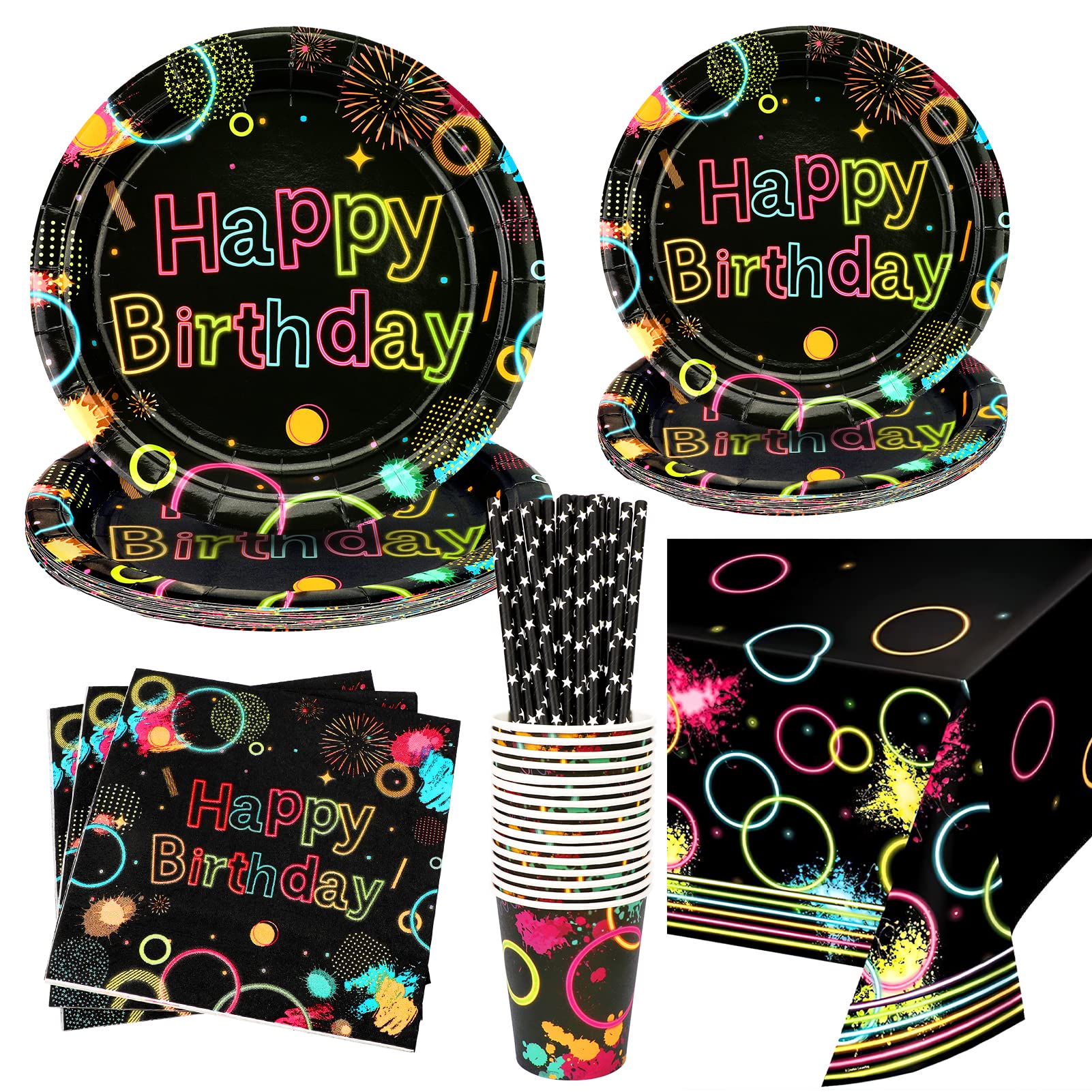 Glow Neon Birthday Party Supplies - Glow in The Dark Theme Decoration Happy Birthday Plates Cup, Colorful Tablecloth Napkins, Paper Straws for Blacklight Neon Party Decorations, Serves 16 Guests