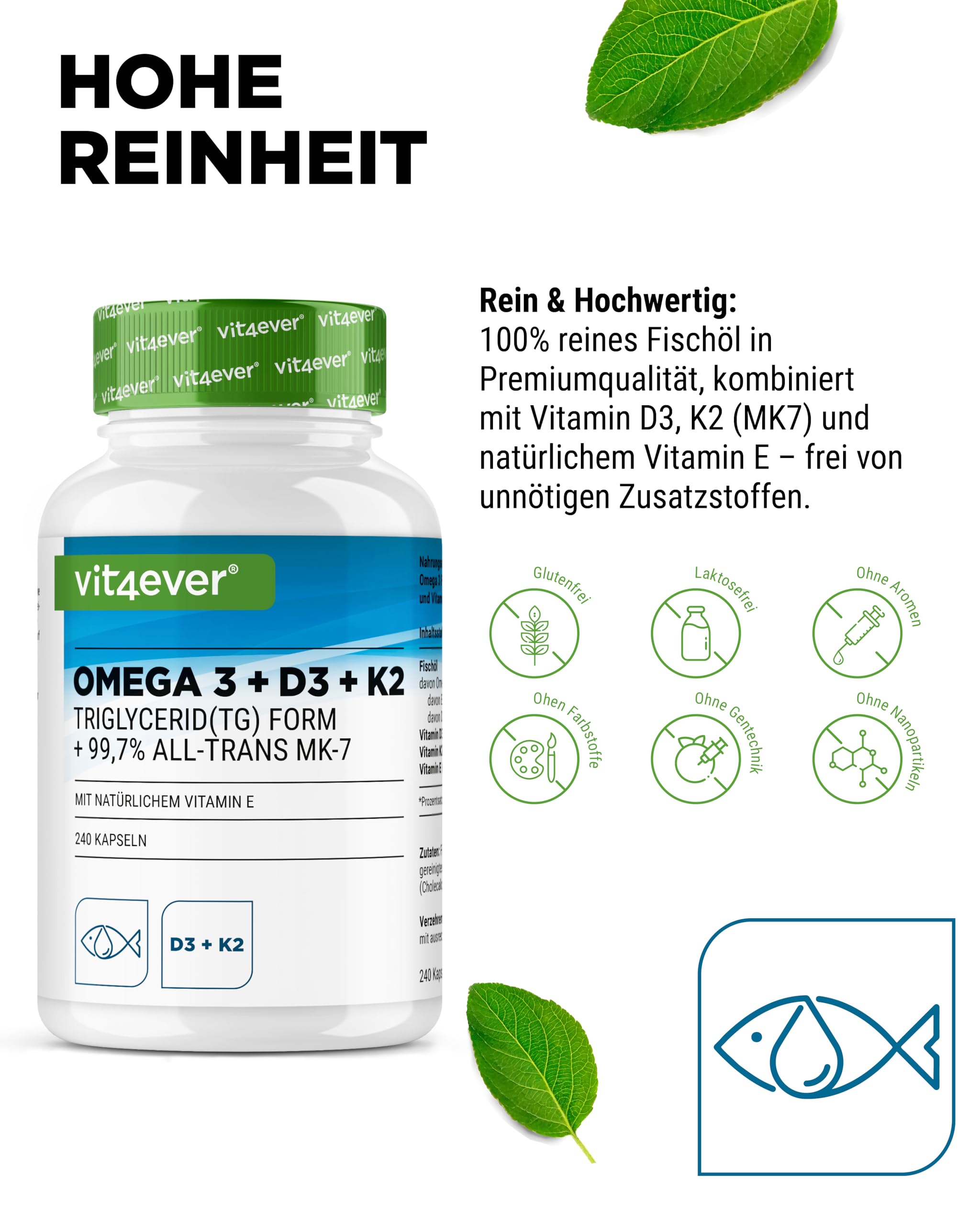 vit4ever Omega 3 + Vitamin D3 + K2-240 Kapseln - 1125 mg Omega 3 3