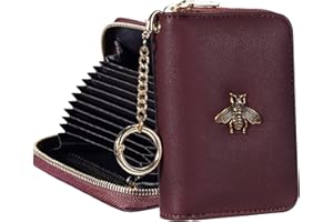 SEAVILIA Credit Card Wallet, Zipper Card Cases Holder Wallet for Women Leather Keychain Accordion Wallet, RFID Blocking, Removable Keychain, ID Window (Burgundy)