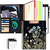Ospelelf Clipboard with Storage for Women, Leather Padfolio Portfolio Organizer 5 Folders with 10 Pockets, Spiral Clipboard Folio with Notepad for Letter Size, Elastic Closure and Pen Loop Floral