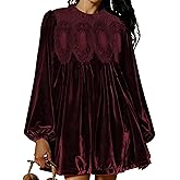 Freyhem Womens A-Line Velvet Lace Overall Pleated Swing Babydoll Casual Skirtall Scallop Neck Flared Wedding Mini Dress