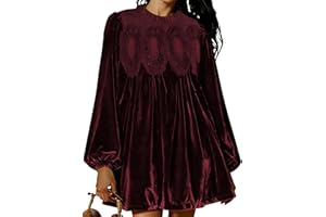 Freyhem Womens A-Line Velvet Lace Overall Pleated Swing Babydoll Casual Skirtall Scallop Neck Flared Wedding Mini Dress
