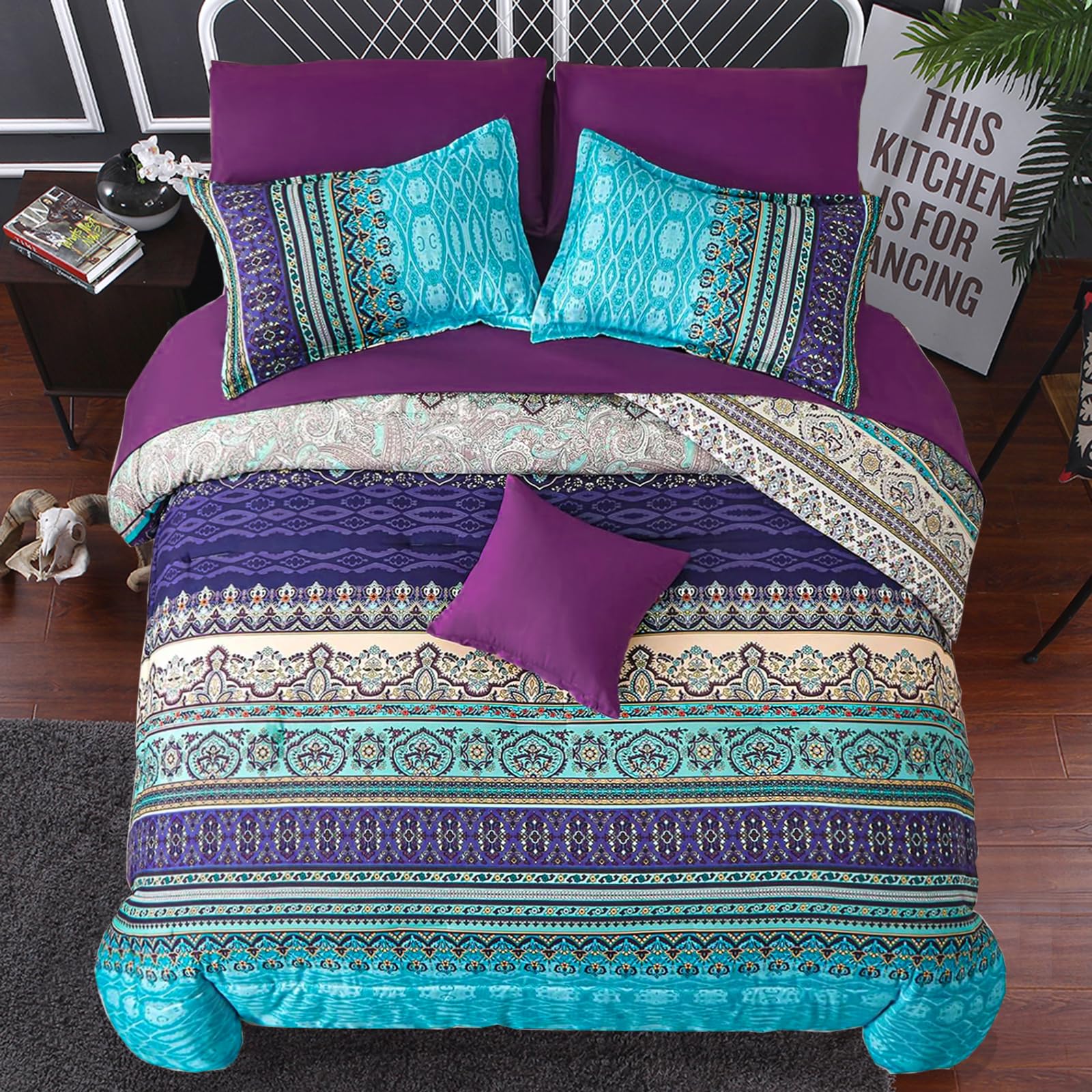 Double Size Bohemian Duvet Cover Purple and Blue Colorful Boho Bedding Set with 2 Pillowcases Soft Microfiber Moroccan Bed Cover 200cm X 200cm