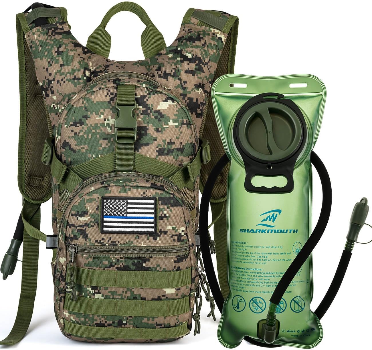 SHARKMOUTH Hydration Backpack, 900D Polyester with 2L Leak-Proof Water Bladder, Keeps Liquid Cool for Up to 4 Hours, Tactical MOLLE Pack for Cycling, Hiking, Running