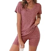 Ekouaer Biker Short Sets Women 2 Piece Outfits Ribbed Pajama Short Sleeve Workout Set