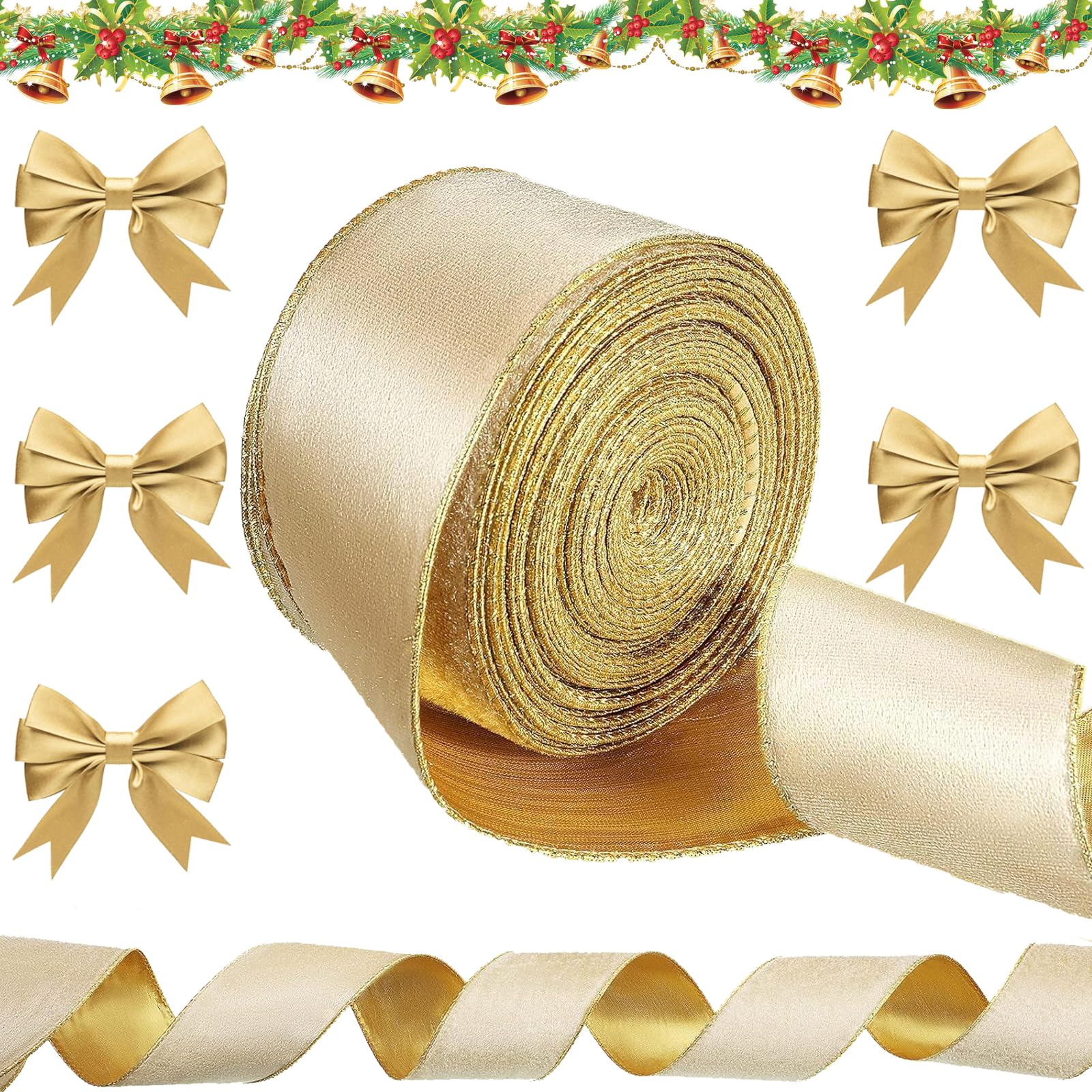 9.1M Satin Gold Ribbons for Gift Wrapping, Cake Decoration, Wedding Party - Thick, Velvet, Champagne Gold
