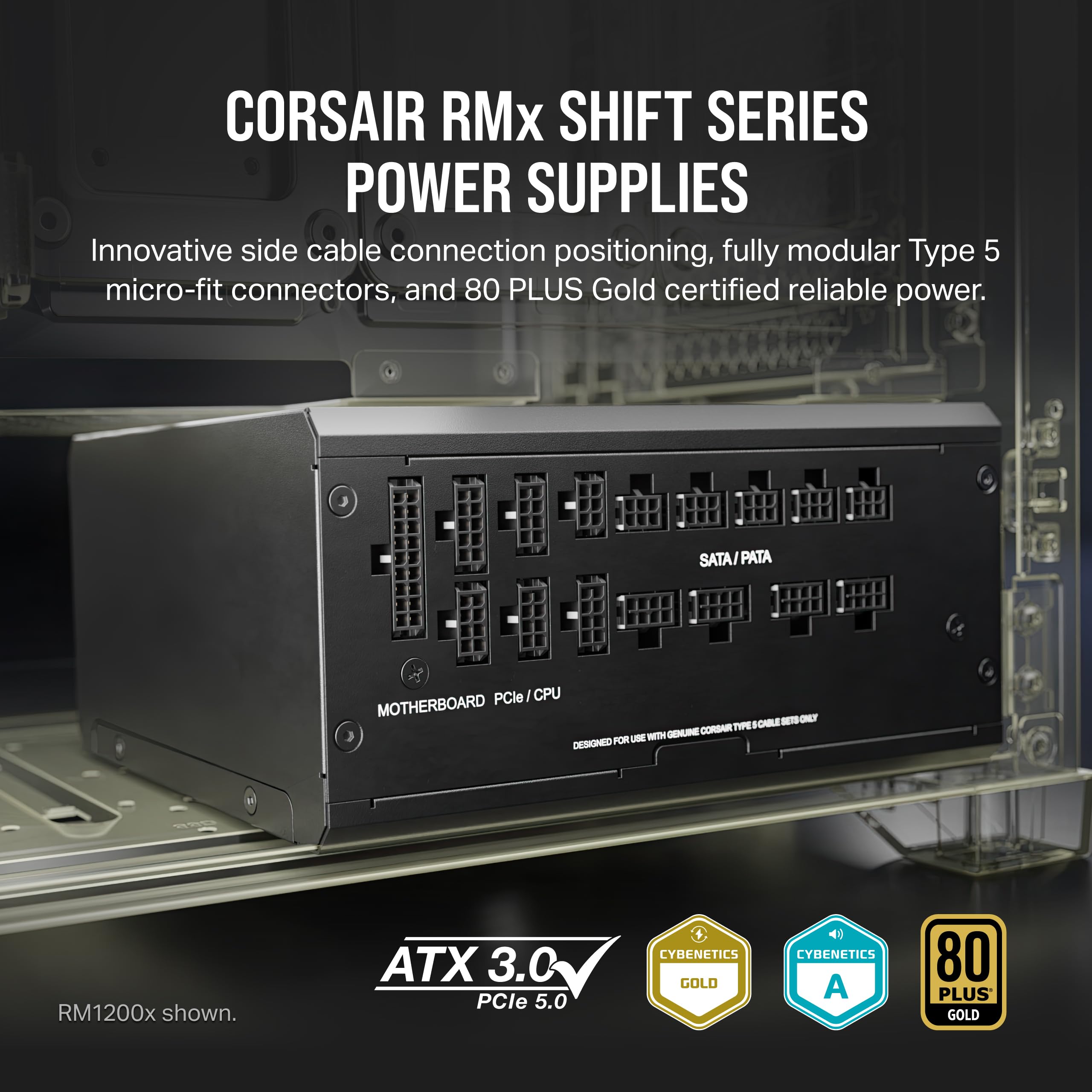 Corsair RM850x Shift Fully Modular ATX Power Supply - 80 Plus Gold - ATX 3.1 - PCIe 5.1 - Zero RPM - Modular Side Interface - Black