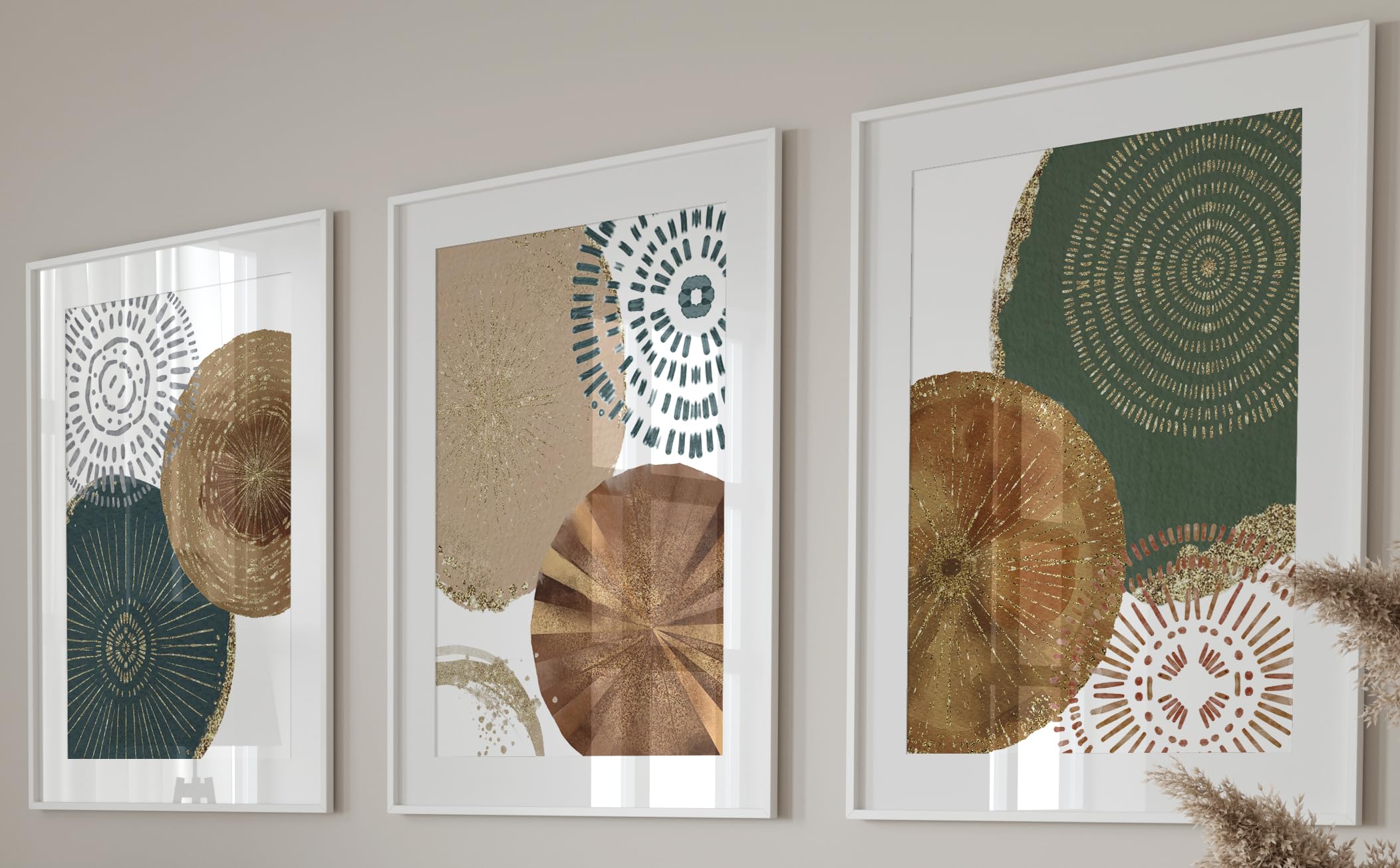 Abstract Circles Set of 3 Unframed Wall Poster Prints, Digital Watercolour Acrylic Style, Lounge Bedroom Kitchen Bathroom Home Decor, Modern Abstract Mosaic Circles Wall Art in Green Brown Gold (A3)