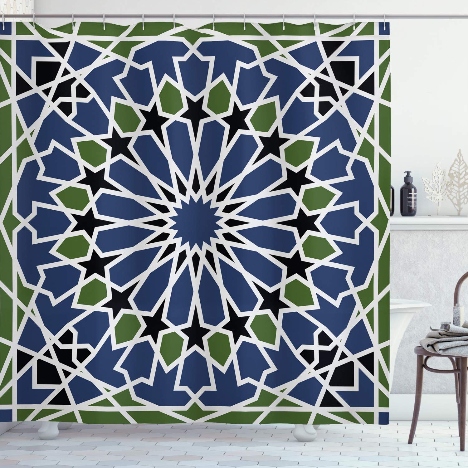 ABAKUHAUS Orient Shower Curtain, Mandala Inspired Floral Oriental Antique Design, Cloth Fabric Bathroom Decor Set with Hooks, 78 Inches, Olive Green Dark Blue