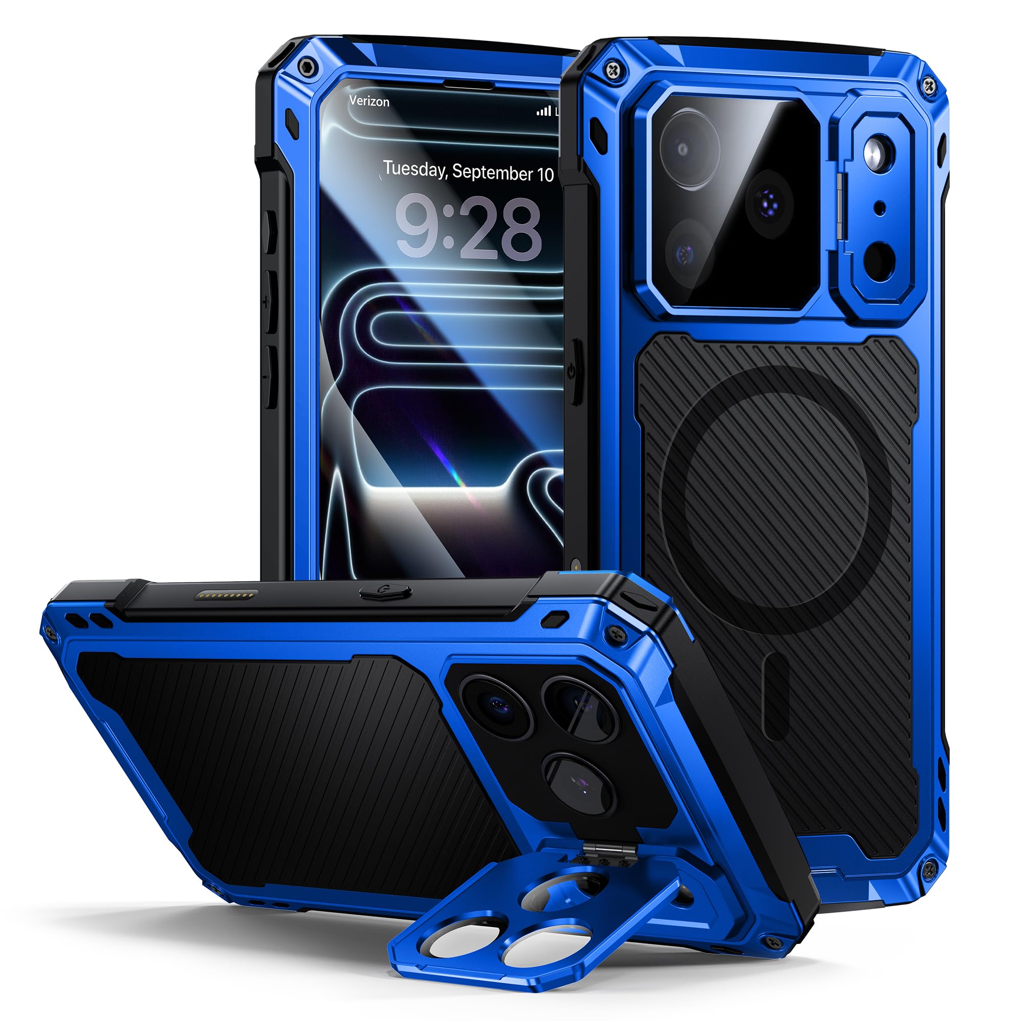 Photo 1 of Lanhiem for iPhone 17 Pro Metal Case with Kickstand, Compatible with MagSafe, Built in Tempered Glass Screen Protector, Heavy Duty Shockproof Rugged Phone Cases, Full Body Tough Cover 6.3"(Blue)