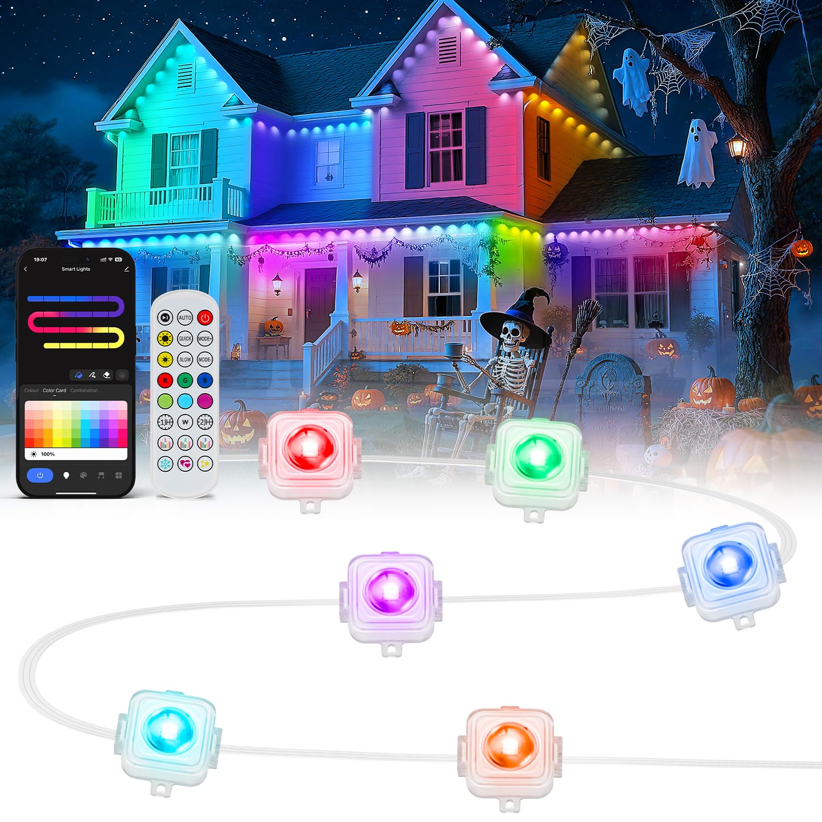 Photo 1 of Permanent Outdoor Lights, 100ft Smart Eave Lights with 72 LED Lights, IP67 Waterproof, App Control, DIY RGB Light for House Halloween Decorations, Work with Alexa and Google Assistant, White