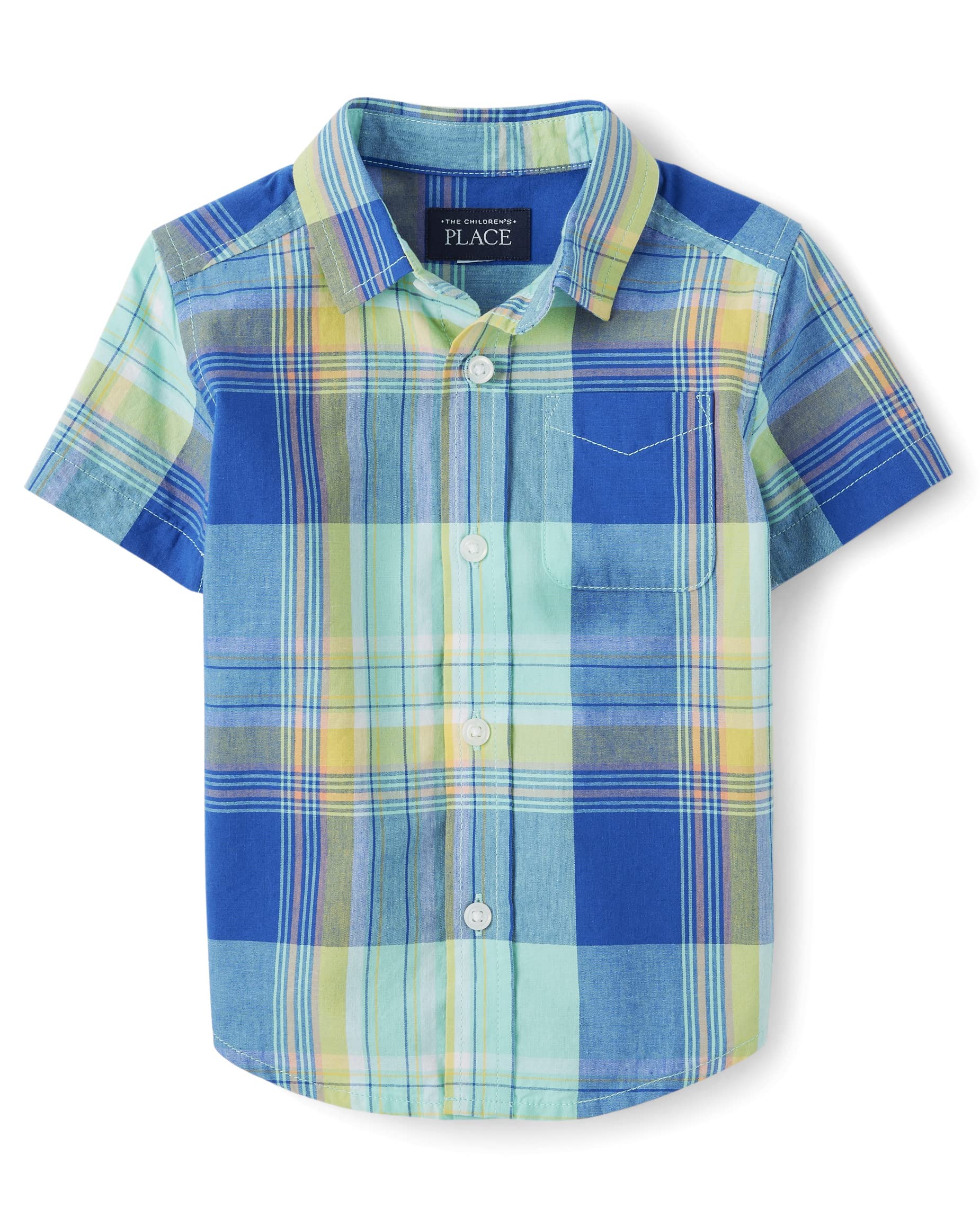 Photo 1 of ***(MINOR STAIN ON POCKET)***The Children's Place,Short Sleeve Button Down Shirt,Mellow Aqua,Large (10/12)