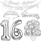 Sweet 16 Birthday Party Decorations - Silver Happy Sweet Sixteen Banner, Tiara, Sash, Balloons, Gifts & Supplies
