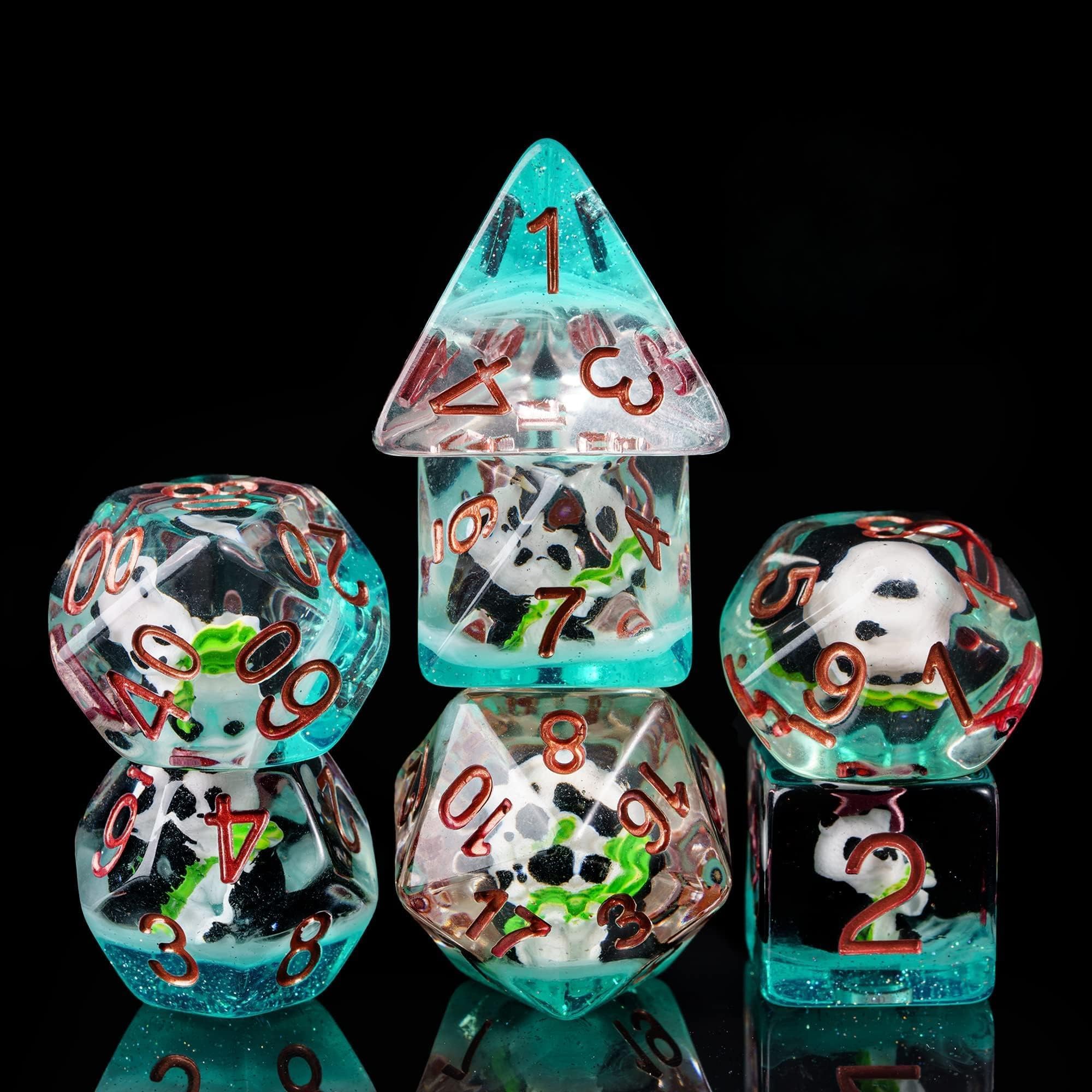 cusdie 7-Die DND Dice, Polyhedral Dice Set Filled with Animal, for Role Playing Game Dungeons and Dragons D&D Dice (Panda w/Bamboo)