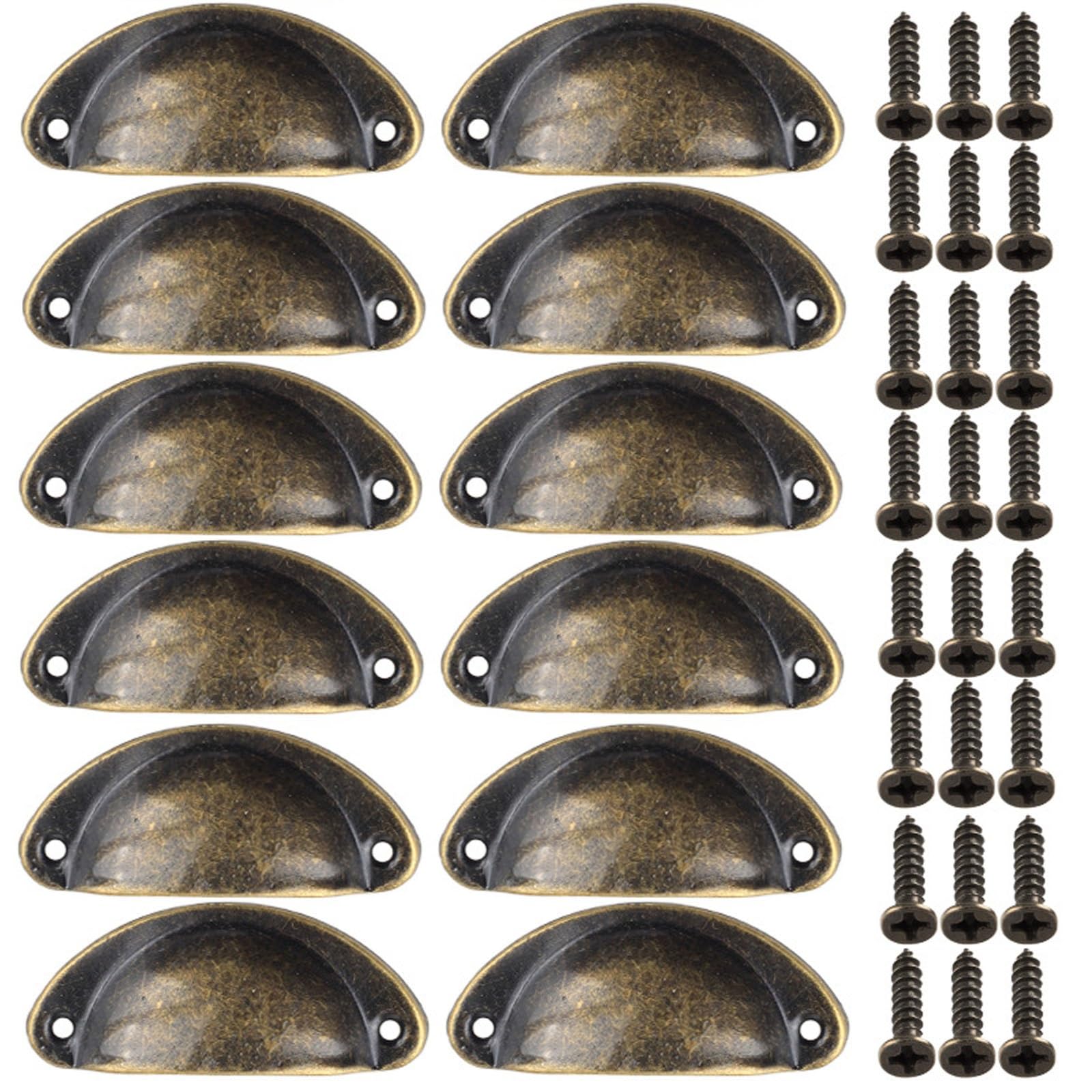 Beilala Cabinet Cup Pull Handles, 12 Pack Kitchen Shell Cupboard Handles, Vintage Furniture Door Hardware Knobs with Screws for Chest of Drawers Dresser Wardrobe, Bronze — image 1