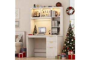 Lvifur LED Study Desk with Hutch & Storage Cabinet, 47" Home Office Desk with Outlet and 3 Color LED, Writing Desk for Bedroom, Computer Desks for Studyroom, Ideal for Office Set, White