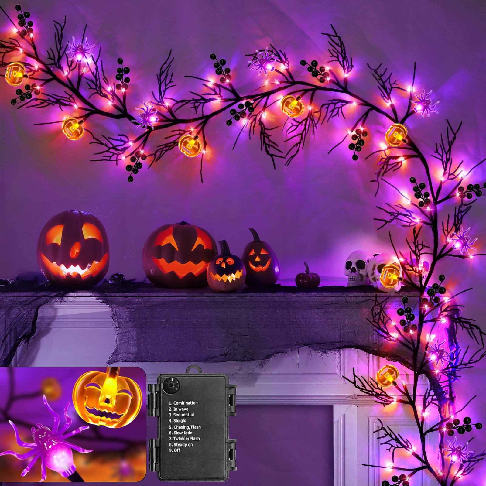 Photo 1 of [Timer 8 Modes] Halloween Garland Willow Vine Lights, 6 Ft 54 LED with Orange & Purple Lights, Halloween Decorations Pumpkin Spider Waterproof Battery Operated for Home Fireplace Wall