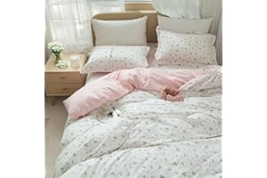 EAVD Vintage Style Garden Pink Floral Duvet Cover Queen 100% Cotton White Pink Botanical Bedding Set for Girls Women Chic Shabby Boho Botanical Floral Comforter Cover with Zipper Closure 4 Ties