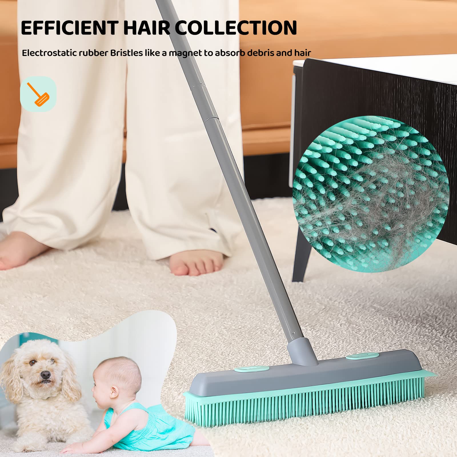 Conliwell Rubber Broom Carpet Rake for Pet Hair, Fur Remover Broom with Squeegee, Portable Detailing Lint Remover Brush (Iron Handle)
