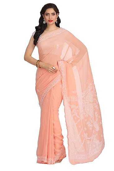 Women's Faux Georgette Saree With Blouse (X000R9XAS1_Peach)