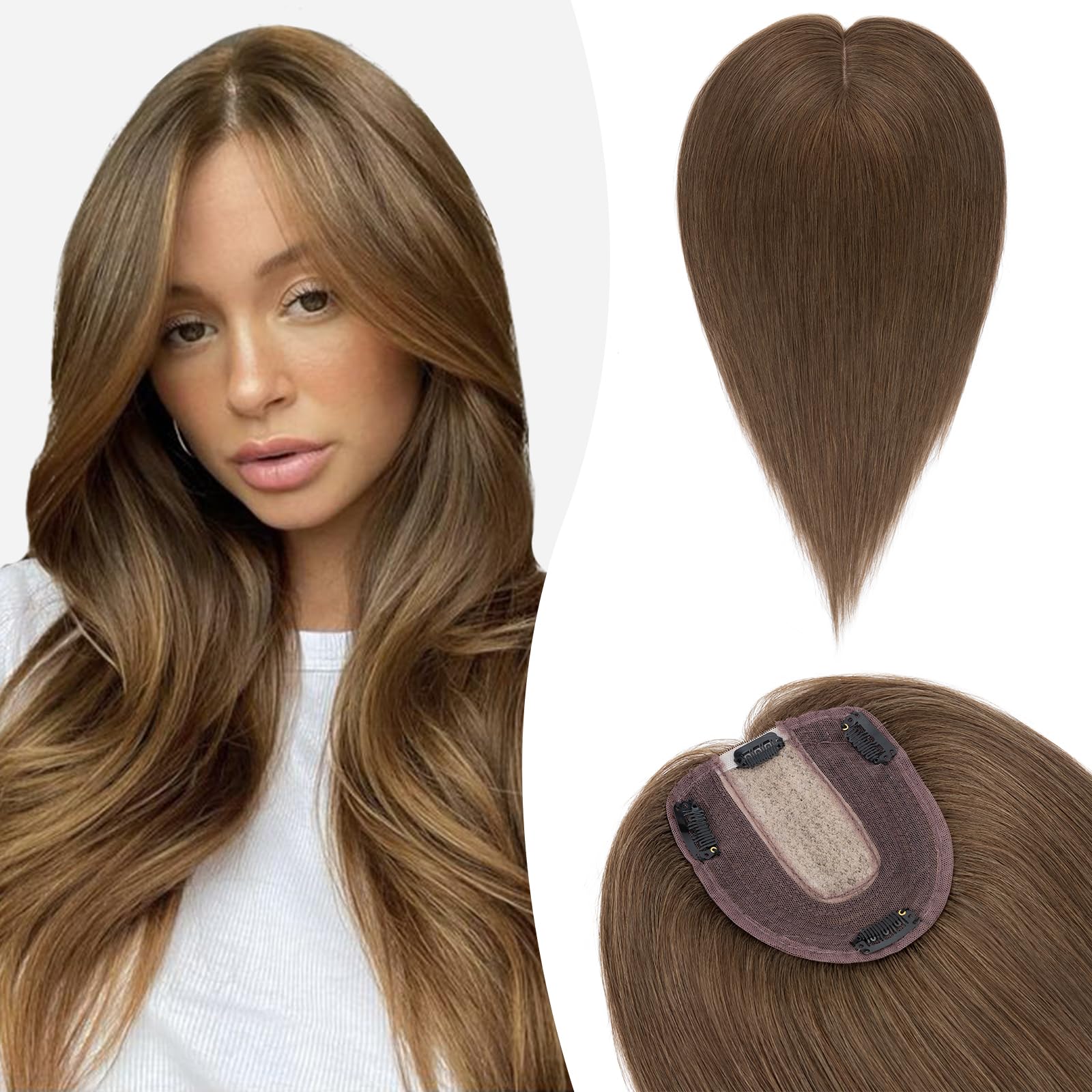 Silk-co 10inch Hair Topper for Thinning Hair Women Clip in Real Remy Human Hair Extensions Top Piece Base Size 10 * 12cm Silk+Lace Base (#04 Medium Brown)