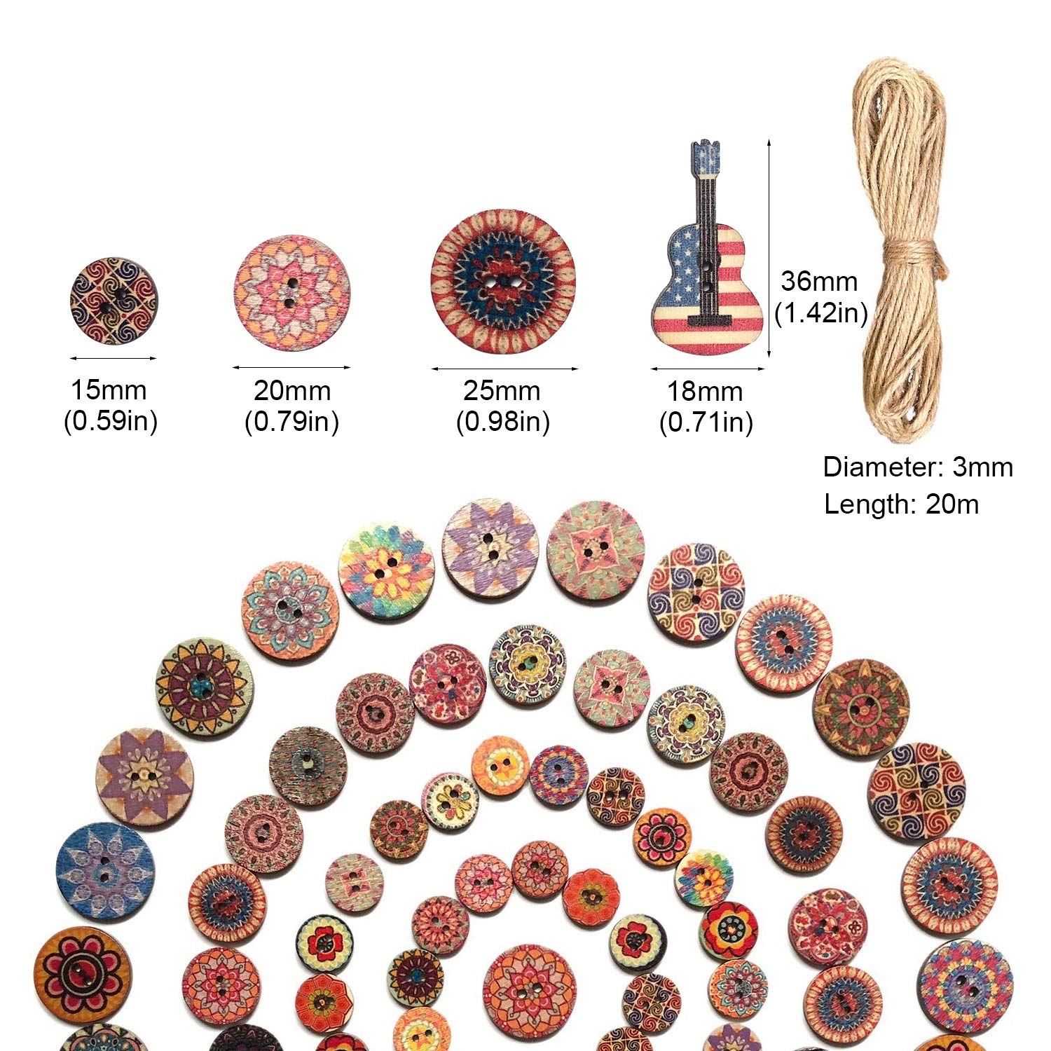 500 Pieces Wood Buttons, 2 Holes Round Flower and Guitar Wooden Buttons Vintage Buttons for DIY Sewing Craft Decorations, with 65.6 Feet Natural Jute Twine
