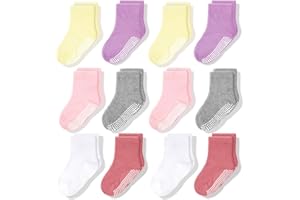 CozyWay Baby & Toddler Socks With Grippers Non Slip Crew Grip Socks for Girls and Boys Soft Comfy Cotton - 12 Pack
