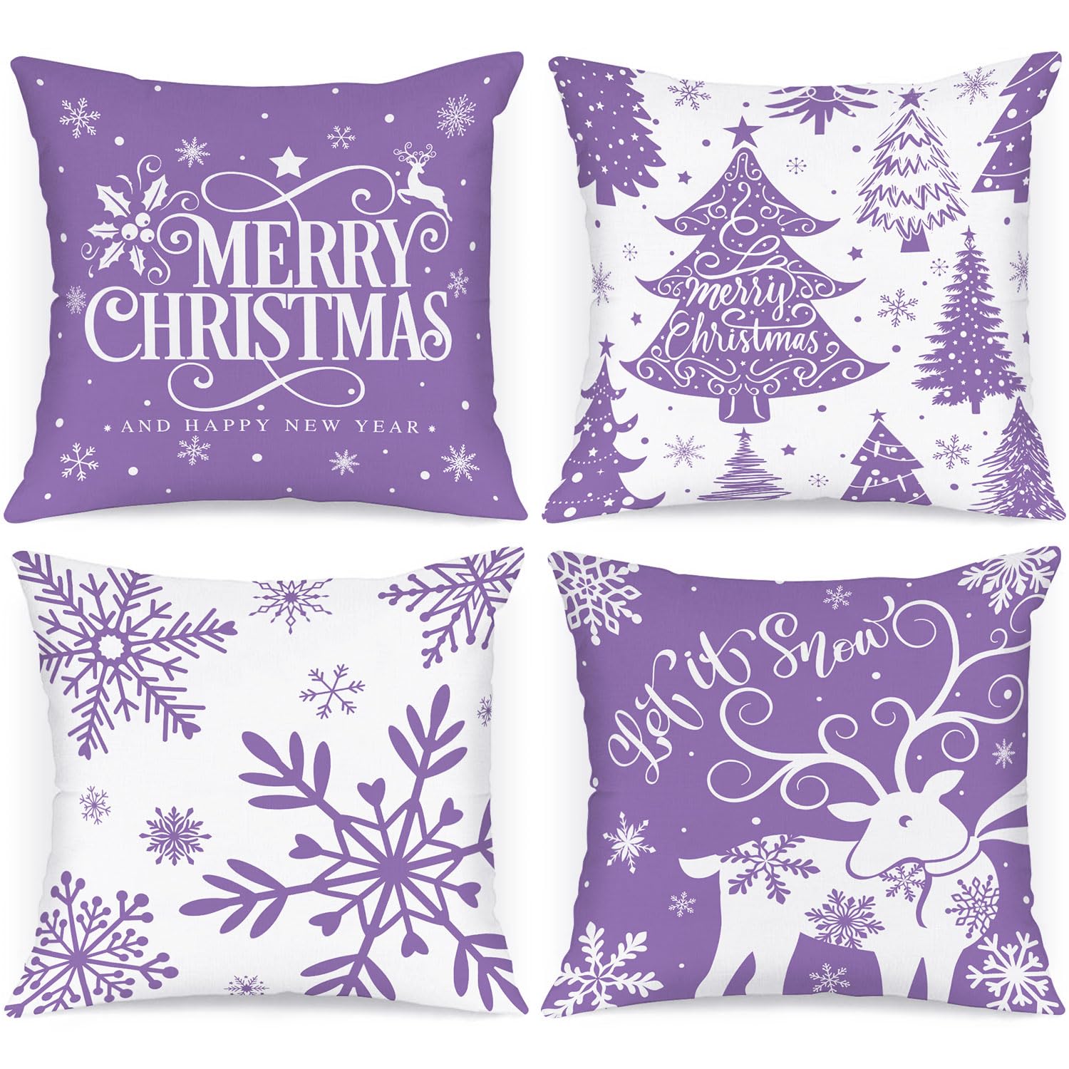 Lanpn White and Purple 45x45 Christmas Pillow Covers Set of 4, Decorative 45 cm Navy Winter Snowflake Throw Pillow Case Xmas Cushion Cover for Indoor House Sofa Purple