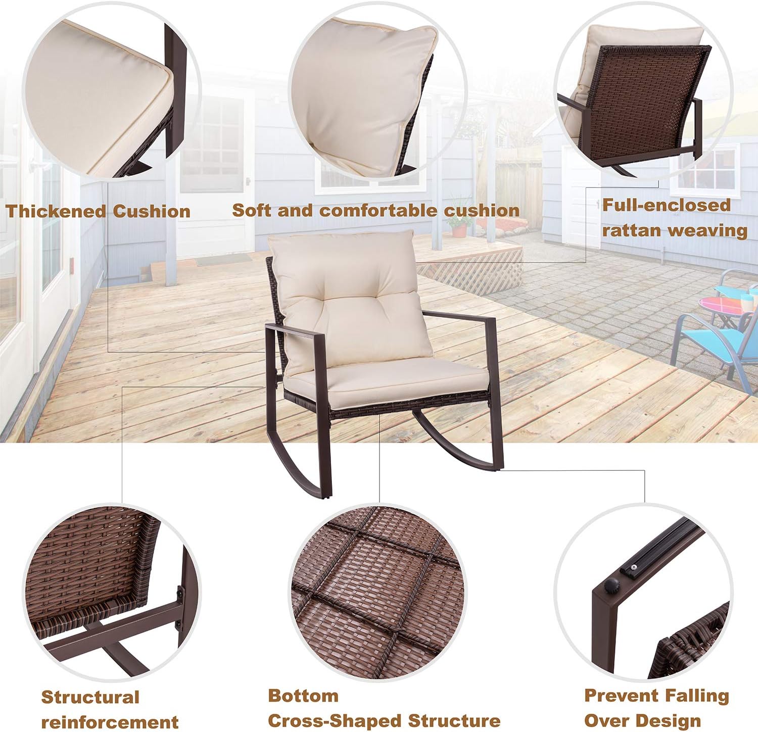 Shintenchi Outdoor 3 Piece Rocking Bistro Set, Wicker Patio Outdoor Furniture Porch Chairs Conversation Sets with Glass-Top Coffee Table for Backyard Porch Poolside Lawn, Garden, Black : Garden & Outdoor