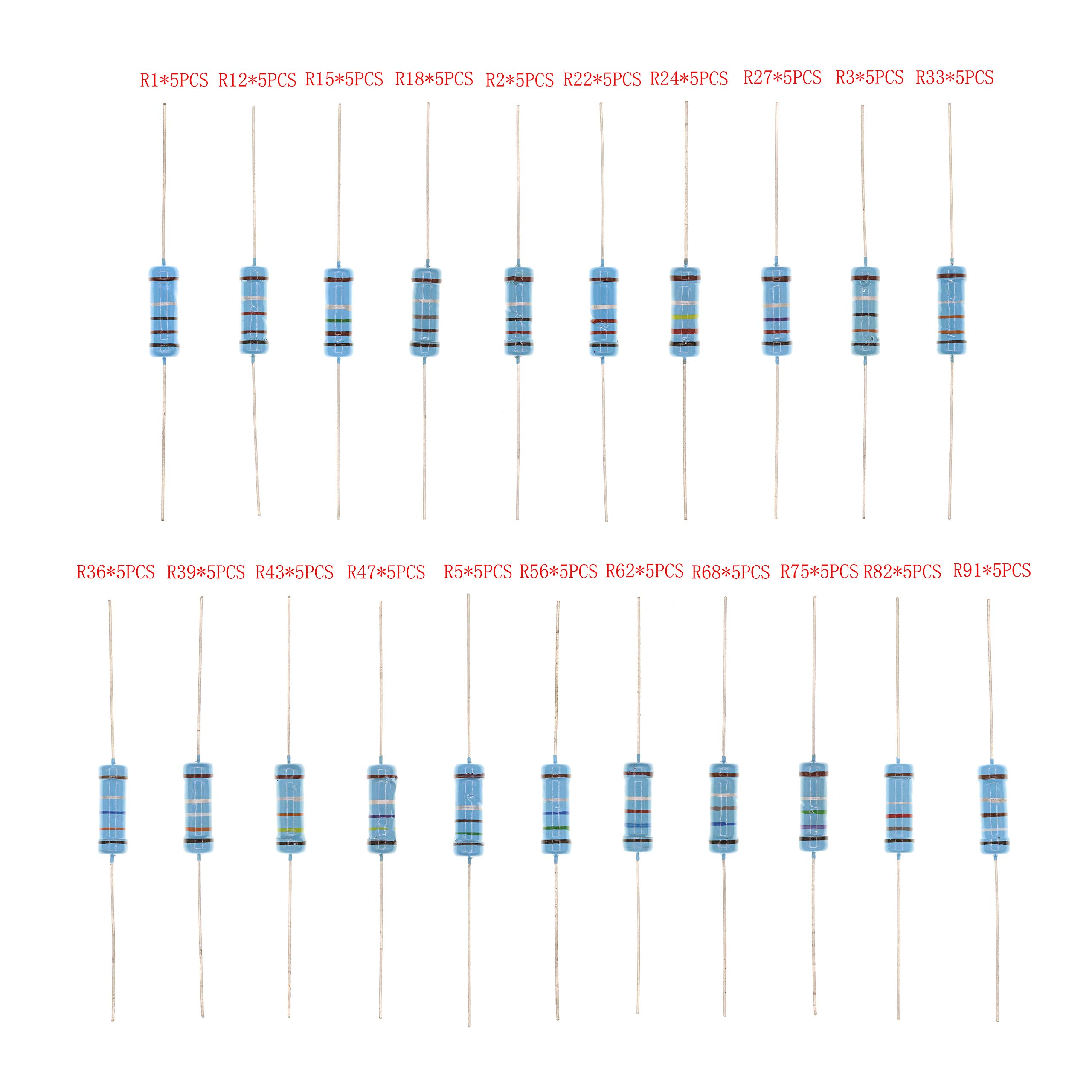 HUABAN 5PCS * 21 Values 3W 3 Watts 0.1 0.2 0.3 0.5 0.12 0.15 0.18 0.22 0.24 0.27 0.33 0.36 0.39 0.43 0.47 0.56 0.62 0.68 0.75 0.82 0.91 Ohm 1% Metal Film Resistor