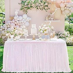 QueenDream Table Skirt 14ft White Iridescent Sequin