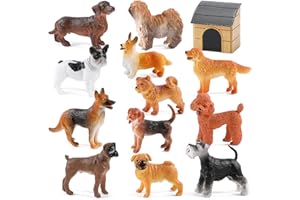 Mini Tudou Dog Figures Play Set,12 pcs Realistic Dog Figurines Toys w/Dog House,Durable Solid Body Puppy Figurines Sheepdog,Golden Retriever for Cake Topper,Educational Toy,Collection and Decorations