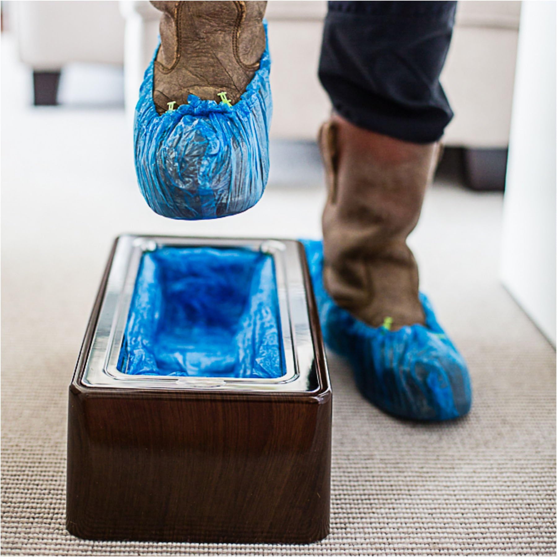 NEW Premium Quality Kwik Kover Shoe Cover Dispenser with a "Mahogany" Wood Effect Case with 50 FREE Anti-Skid Covers, ideal for the boardroom, executive offices and the Home.