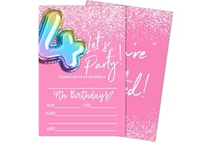 SIXEIGHT Let's Party 4th Birthday Invitations, Pink and Glitter Balloons Invitations, 20 Fill-in Style Birthday Party Invitations with Envelopes for Girls Boys, Birthday Party Favor & Decoration (4"x6")-B04