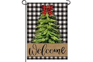 Artofy Welcome Christmas Pine Tree Home Decorative Garden Flag, Xmas Yard Lawn Buffalo Plaid Check Outside Decor, Winter Farmhouse Outdoor Small Burlap Decoration Double Sided 12 x 18