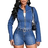 NATRUNSOO Denim Outfits for Women 2 Piece Casual Long Sleeve Zip Up Cropped Jacket Skinny Jean Shorts Set with Belt