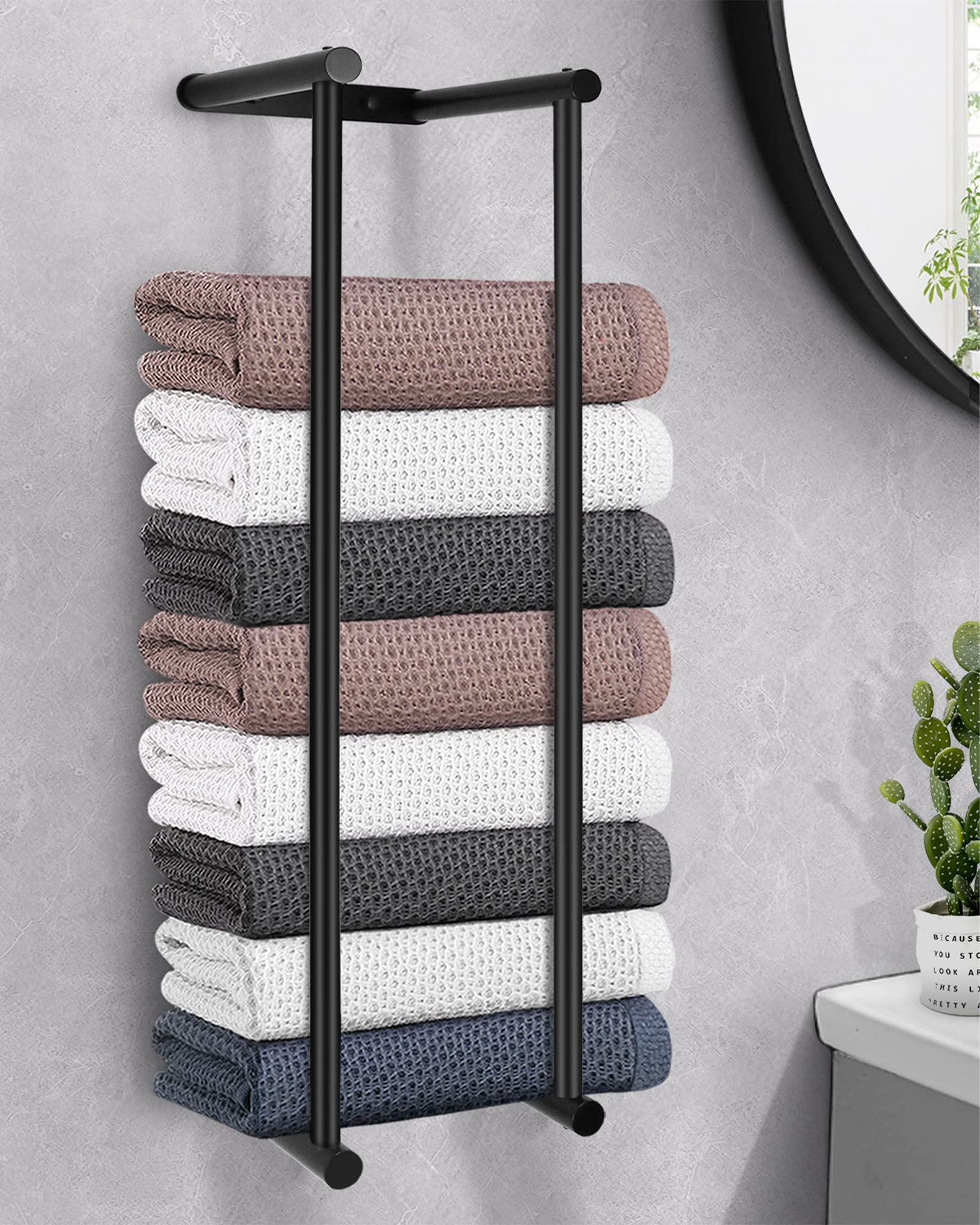 LIVEHITOP Towel Rack Wall Mounted, Towel Storage 75cm Stainless Steel High Capacity Black Bathroom Towel Holder for Folded or Rolled Large Towels