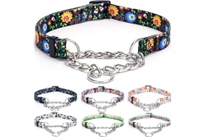 Bbmmayy Martingale Collar, Training Dog Collar, Stainless Steel Chain Pet Collar for No Pull Dog Walking Flowers Design Large Medium Small Dogs (M, Black)