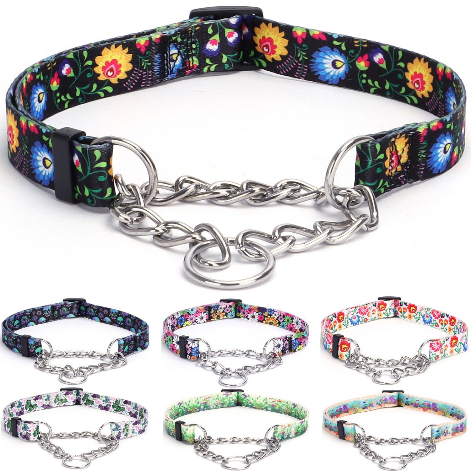 haoyueer Martingale Dog Collar - Stainless Steel Chain, No Pull Training Collar with Flower Design for Large Medium Small Dogs (L, Black) — image 1