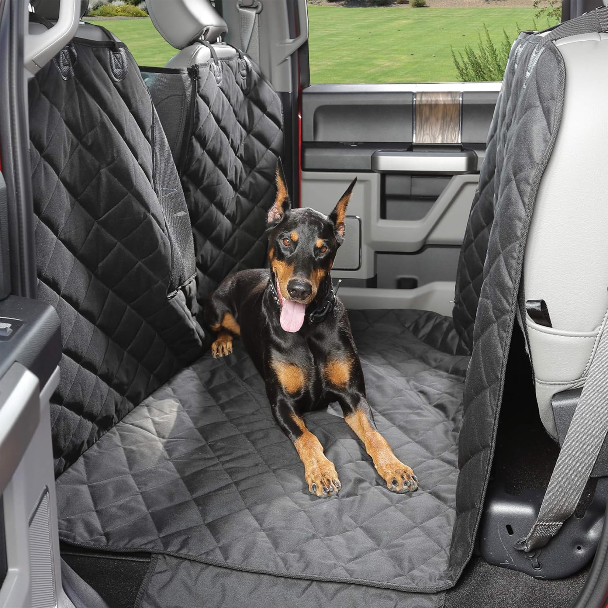 Photo 1 of 4Knines Dog Floor Hammock for Truck & Crew Cab with Fold Up Seats – Back Seat Pet Cover for Dogs – Compatible with Ford F-150, GMC, Chevrolet, Toyota Full Size Trucks (Passenger Side Split, Black)