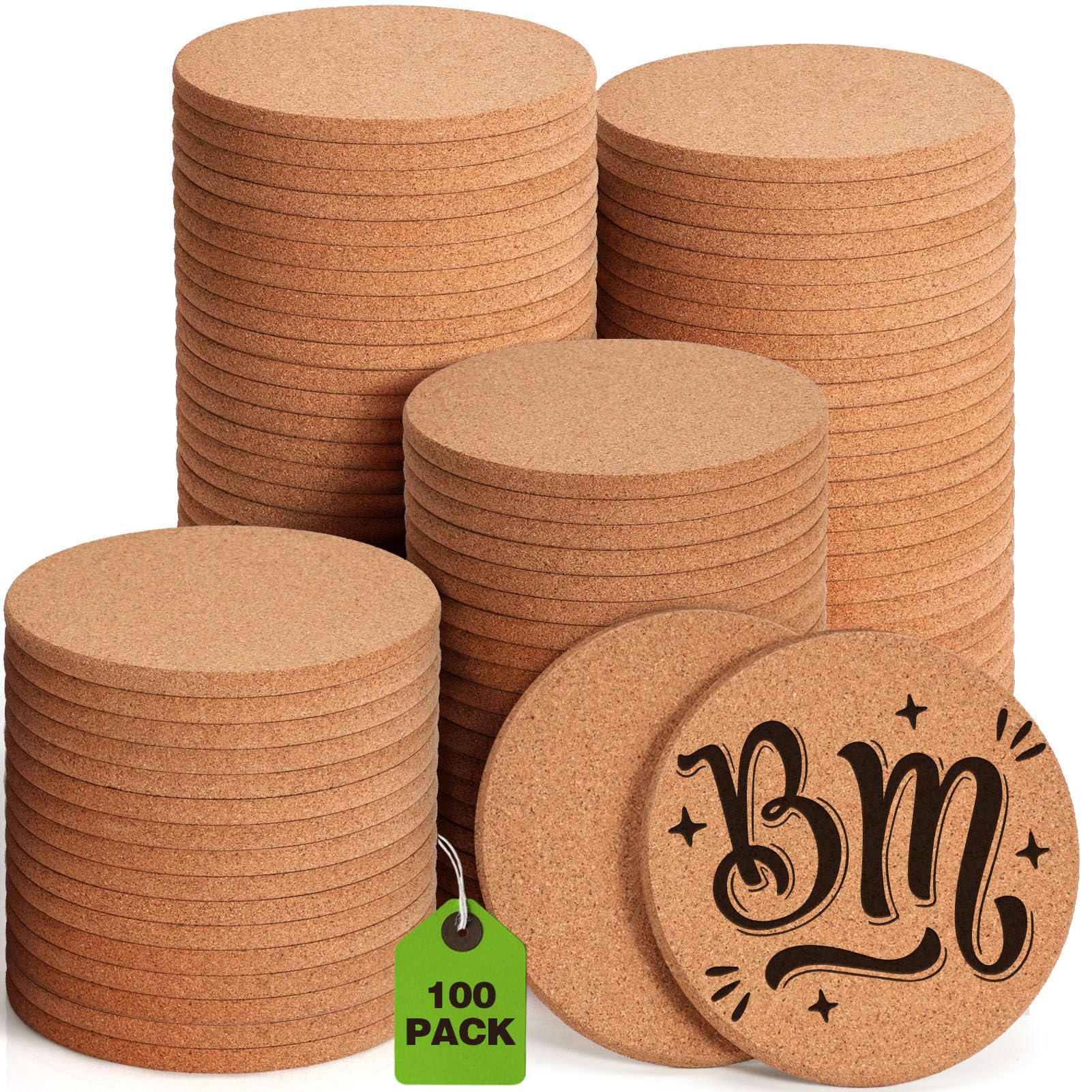 Photo 1 of 100 Pieces Cork Coasters for Drinks, GOH DODD Thicken Absorbent Blank Coasters for DIY Crafts Laser Engraving Sublimation Wood Burning Plants Painting Housewarming Gifts Wedding, Round, 4 Inch