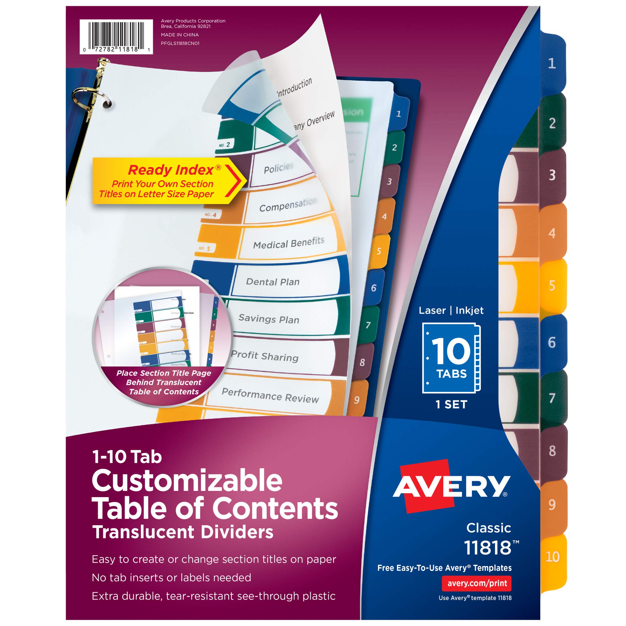 Avery Ready Index Translucent Table of Contents Dividers, 10-Tab Set (11818)