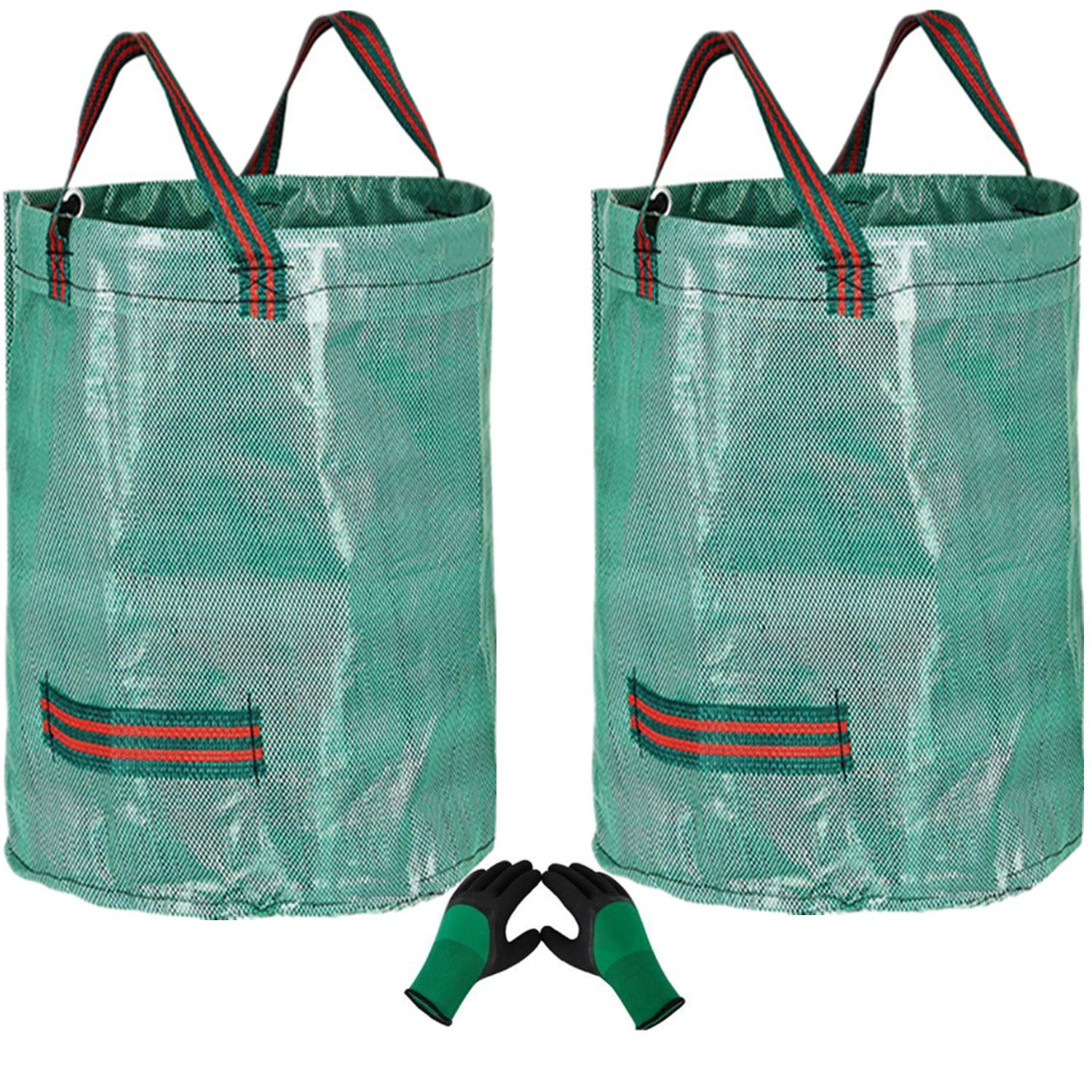 2Pcs 300L Large Garden Waste Bags (H84cm,D67cm) and 1 Gardening Gloves,Garden Waste Rubbish Bag Sack,Reusable Garden Refuse Sack,Waterproof Rubbish Refuse Sacks with Handles,Tearproof Leaf Grass Bags