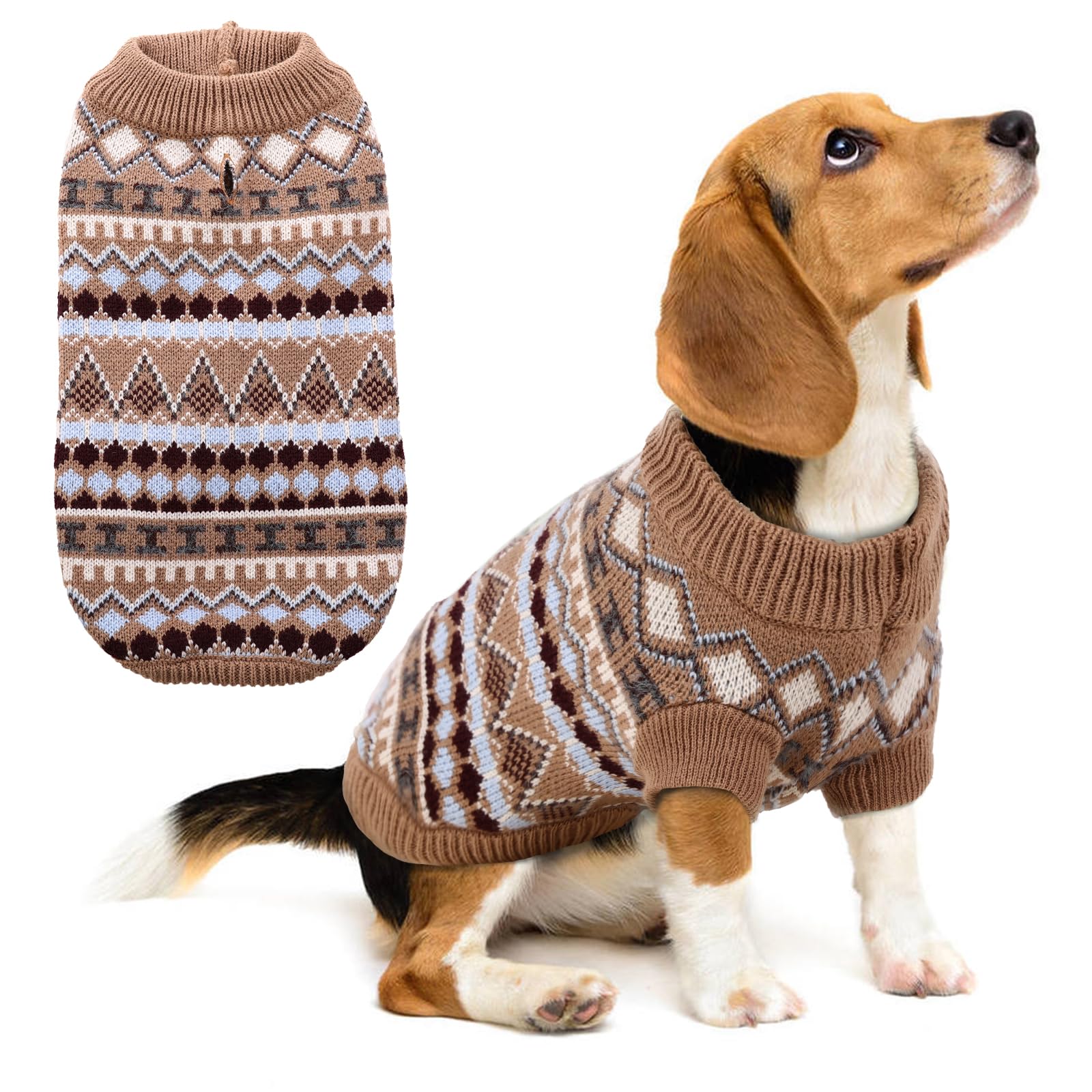 Hjumarayan Dog Jumper - Boho Dog Jumpers Small Medium Large, Knitted Christmas Sweater with Harness Hole, Thick Warm Winter Clothes for French Bulldog, Cocker Spaniel, Coffee L — image 1