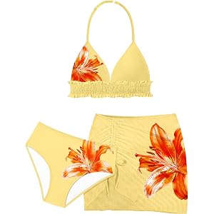 HOTOME Girls Swimsuits 3 Piece Halter Prints Bikini Set Ruffle Elastic Bathing Suit for Teen Girls 7-14Y