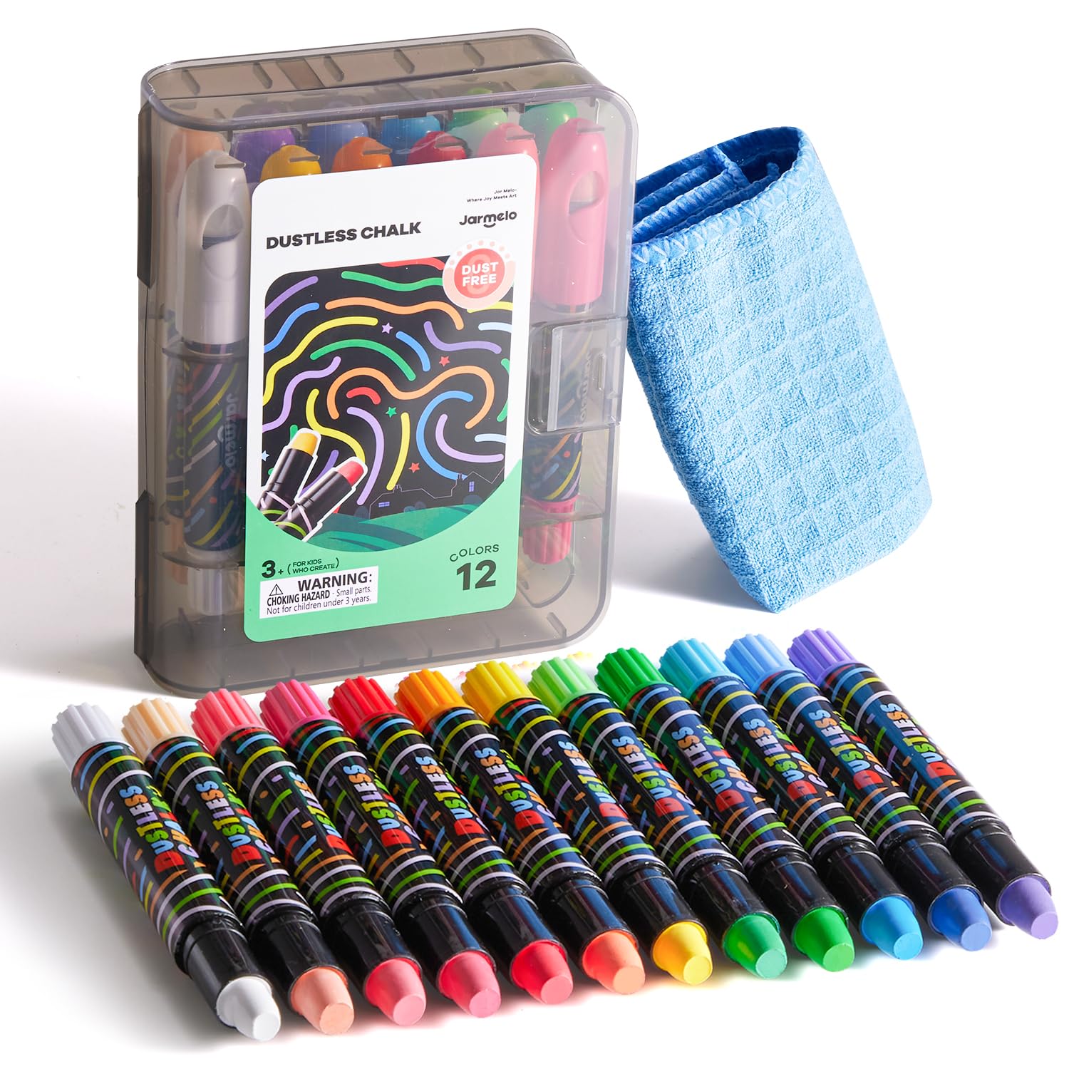 Jar Melo Dustless Chalk for Kids, 12 PCS Sidewalk Chalk Set with Holder, Washable and Non-Toxic, Colored Chalk for Chalkboard, Easy Grip Jumbo for Sidewalk Drawing, Blackboard, Outdoor Art Play 3+
